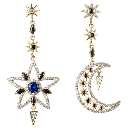 Star and Moon Eye Candy LA Luxe Collection 18K Gold Plated CZ Drop Earrings - Picture 1 of 6